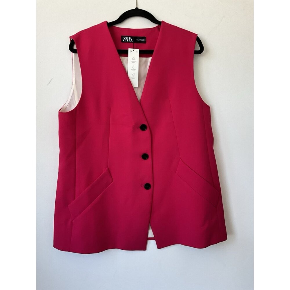 ZARA Oversized Vest Womens XL Pink Three Button Sleeveless NWT Classic - Picture 5 of 5